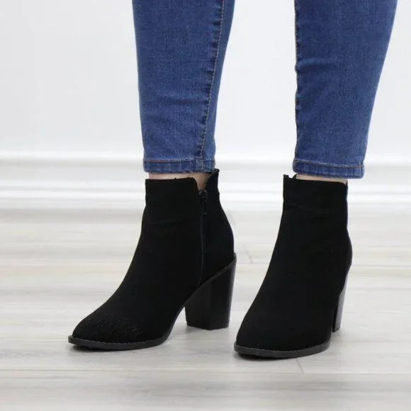 Black Perforated Design Ankle Heeled Boots - Picture 7 of 15